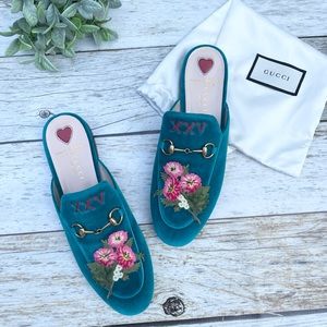 Gucci Princetown Velvet Floral Horsebit Teal Mule 38